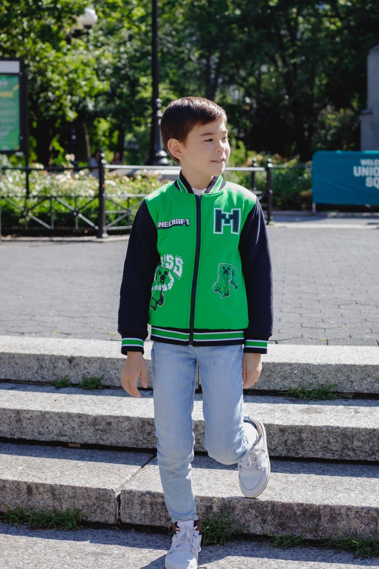 Creeper Varsity Bomber Jacket (little Kid & Big Kid), Alternate, color, Creeper Green Black