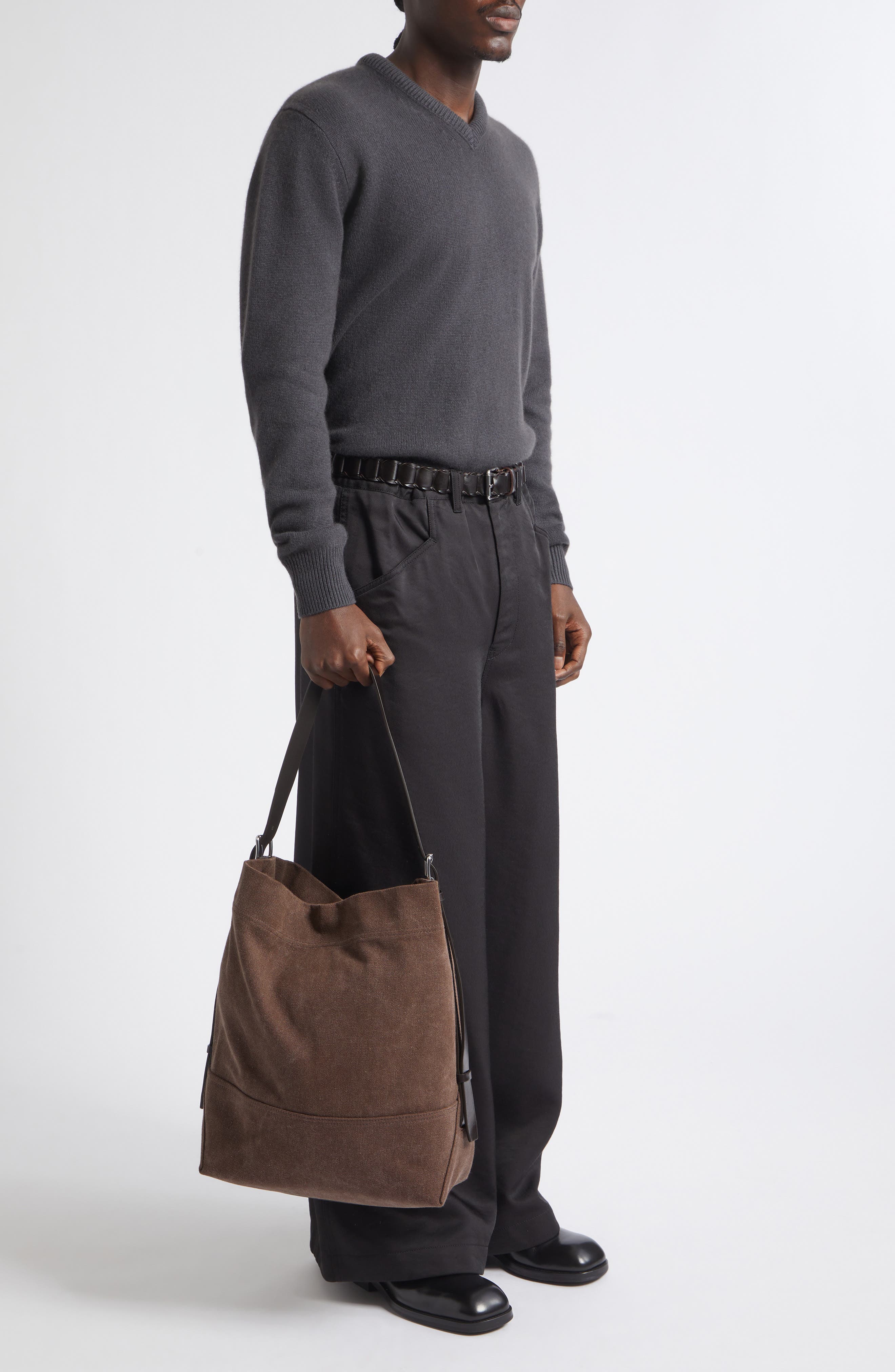 Belted Canvas Tote Bag, Alternate, color, DARK CHOCOLATE