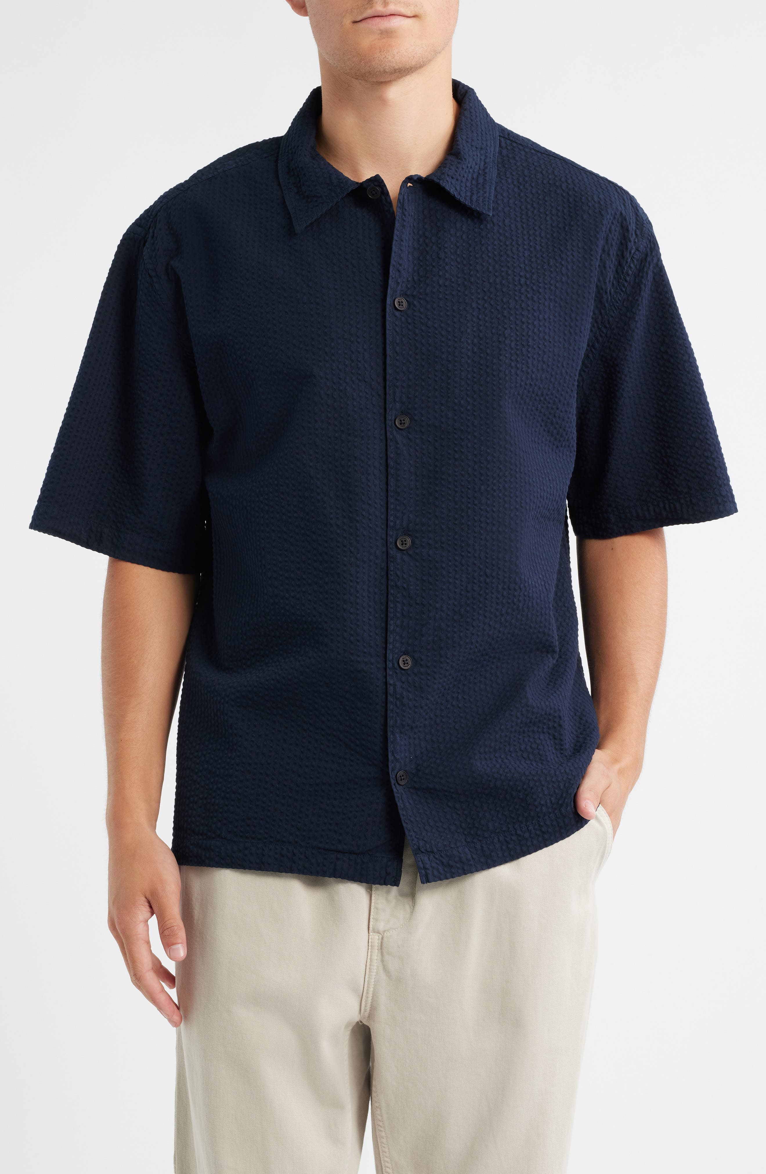 Wax London Keats Short Sleeve Cotton Seersucker Button-Up Shirt