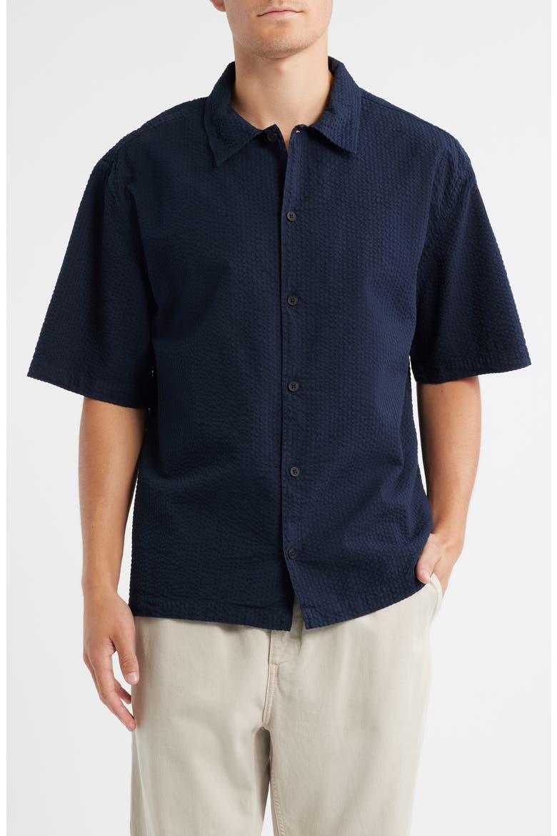 Keats Short Sleeve Cotton Seersucker Button-Up Shirt, Main, color, NAVY