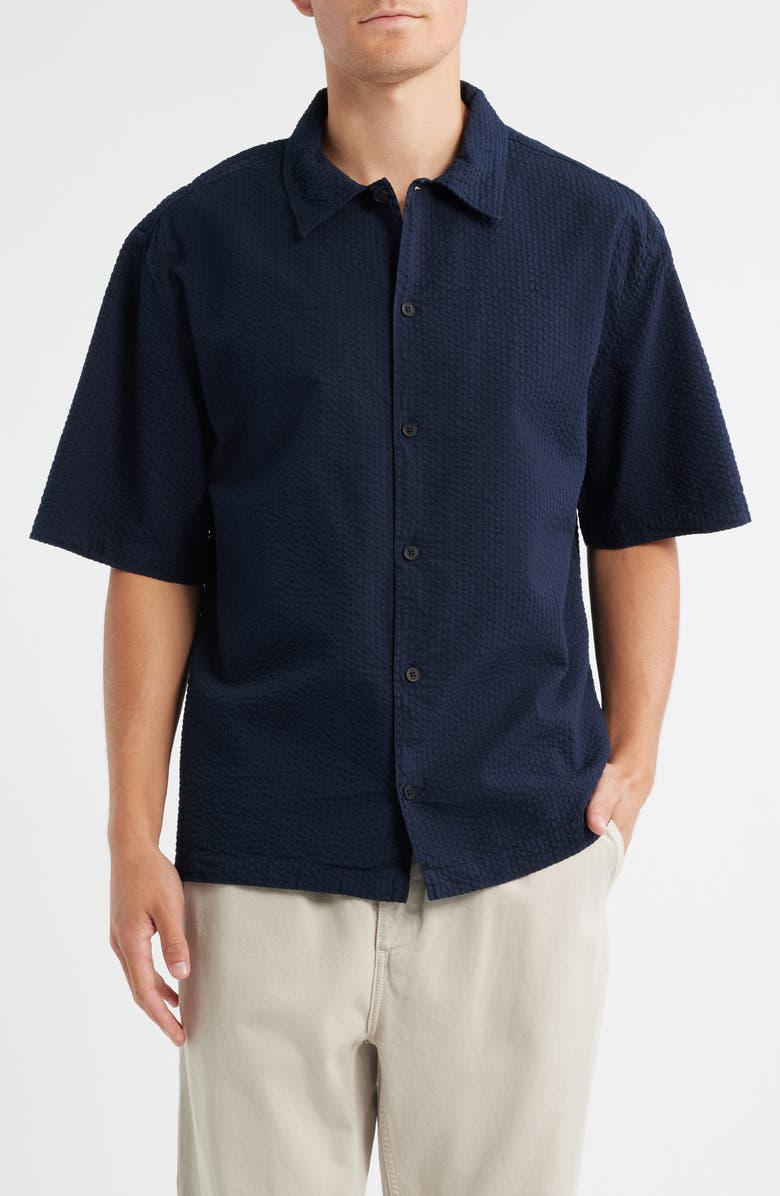 Wax London Keats Short Sleeve Cotton Seersucker Button-Up Shirt, Main, color, Navy