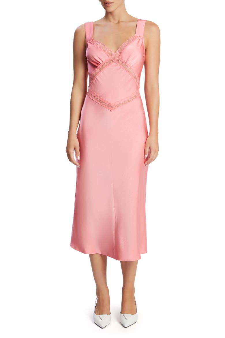 Emory Lace Trim Cutout Satin Midi Slipdress, Main, color, PINK