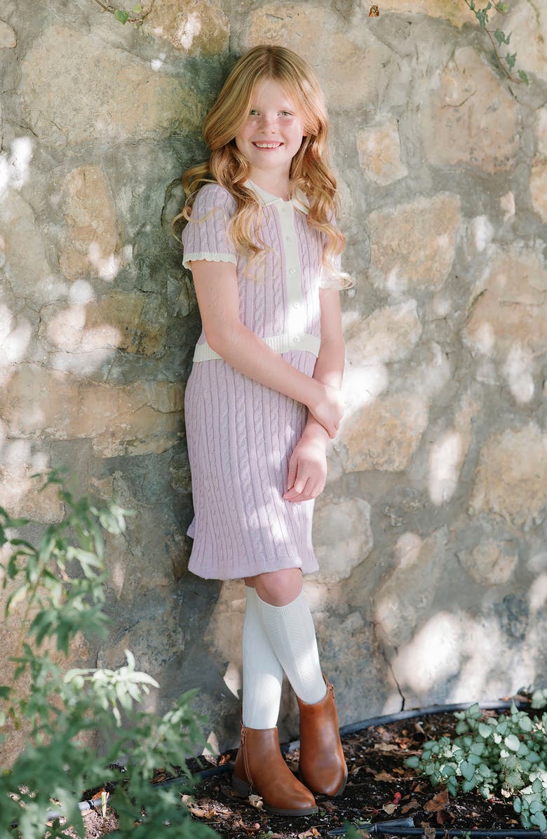 Hope & Henry Kids' Organic Short Sleeve Collared Button Front Sweater Dress, Alternate, color, Lavender Heather