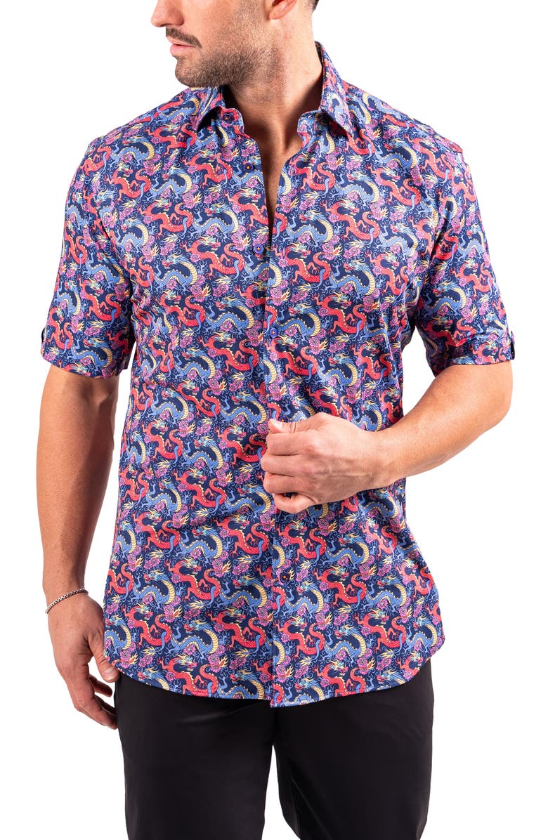 Maceoo Galileo Resistance2210 Black Dragon Print Short Sleeve Cotton Button-Up Shirt, Alternate, color, 