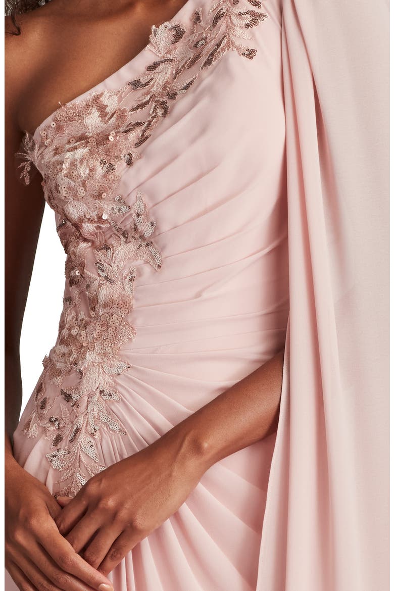 Sequin Leaf Detail One-Shoulder Chiffon Gown, Alternate, color, ADOBE BLUSH