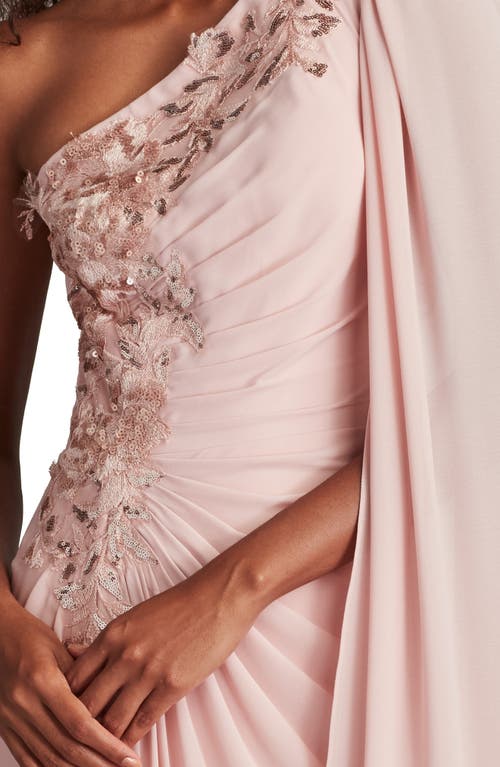 Tadashi Shoji Sequin Leaf Detail One-shoulder Chiffon Gown In Adobe Blush