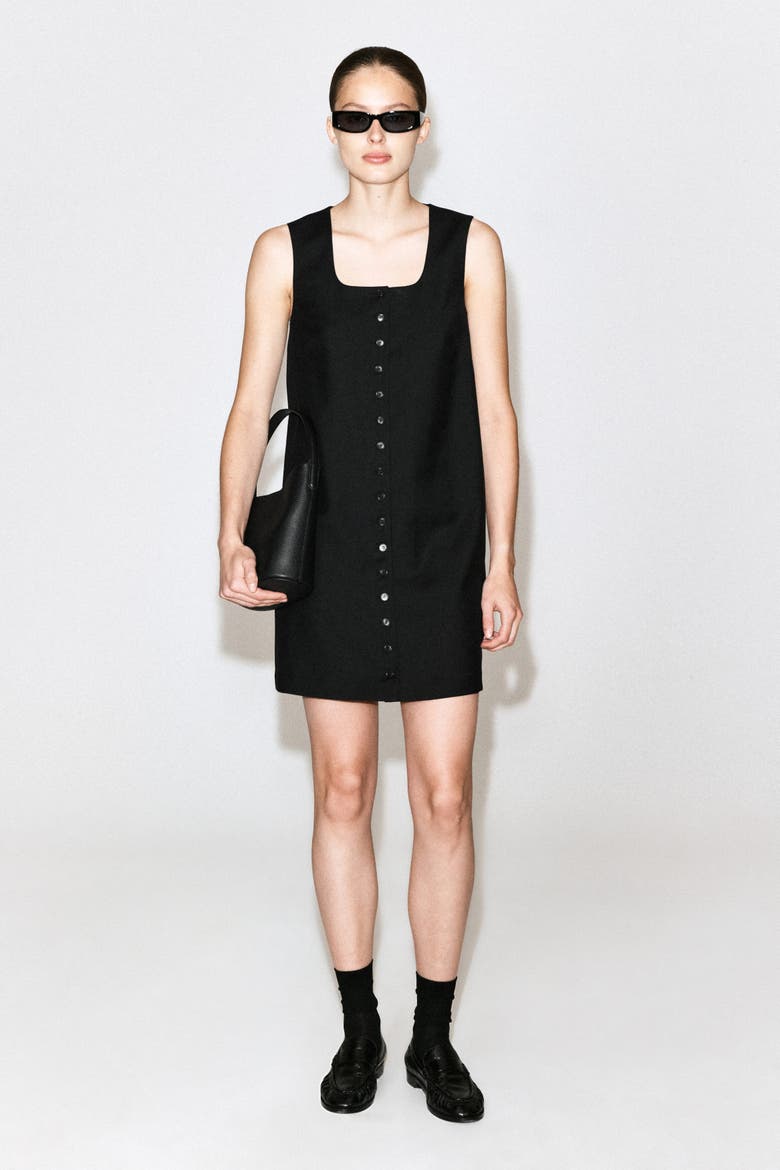 Buttoned Wool-Twill Mini Dress, Alternate, color, BLACK