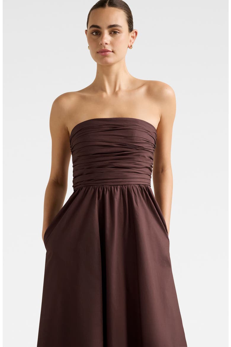 Siara Strapless Ruched Midi Dress, Alternate, color, CHOCOLATE