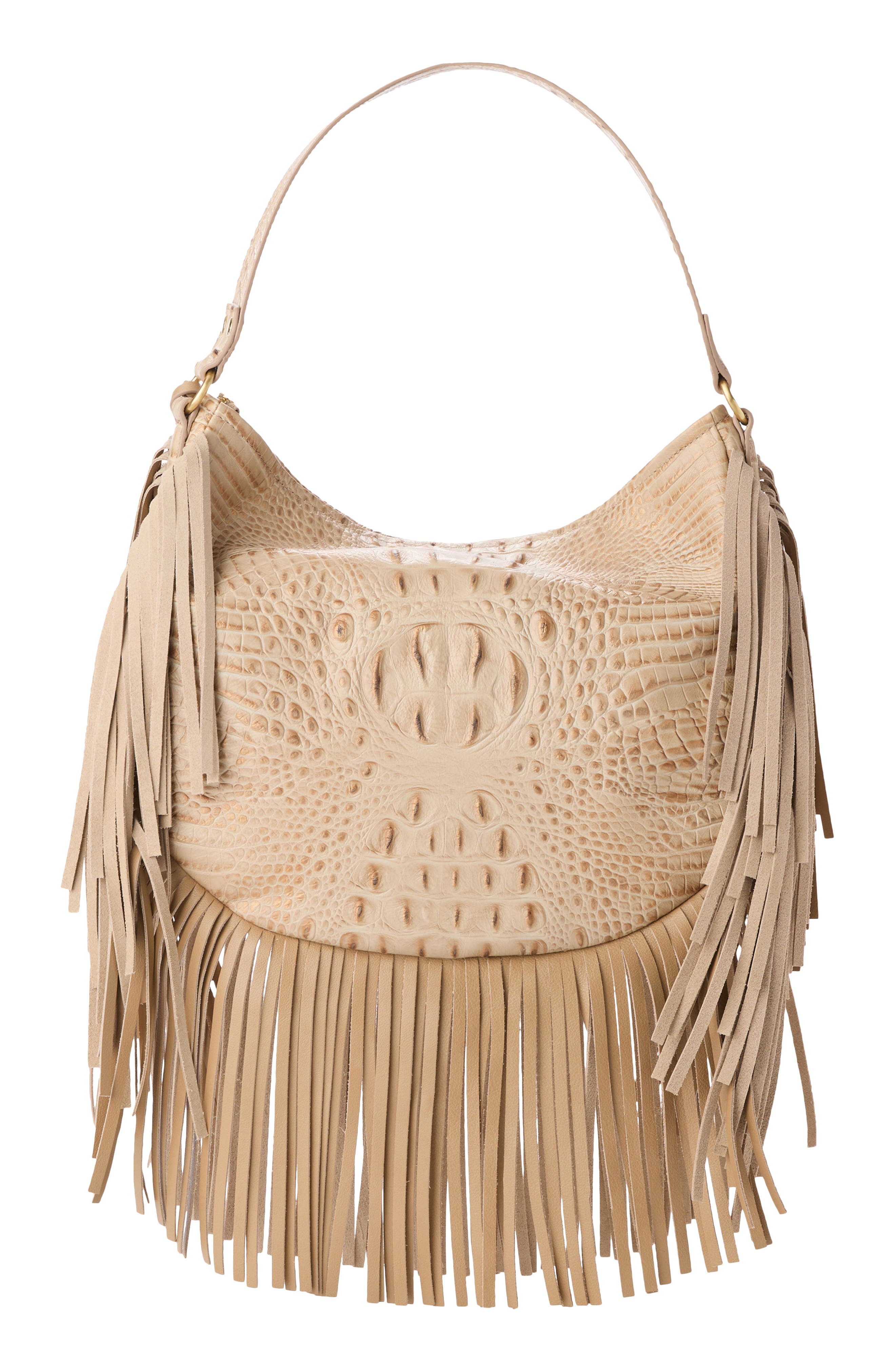 Brahmin Small Kathleen Fringe Croc Embossed Leather Shoulder Bag, Alternate, color, Sandstorm