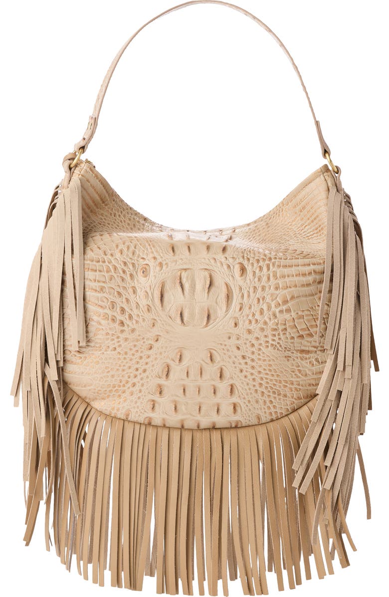 Brahmin Small Kathleen Fringe Croc Embossed Leather Shoulder Bag, Alternate, color, Sandstorm