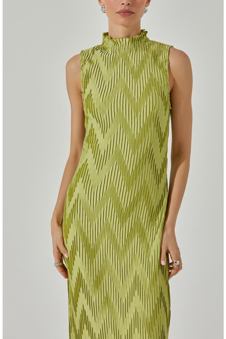Zigzag Plissé Mock Neck Midi Dress, Alternate, color, CELERY