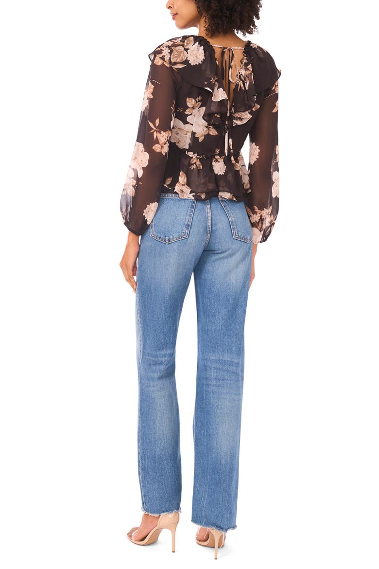 Floral Ruffle Long Sleeve Chiffon Crop Top, Alternate, color, CHOCOLATE TORTE
