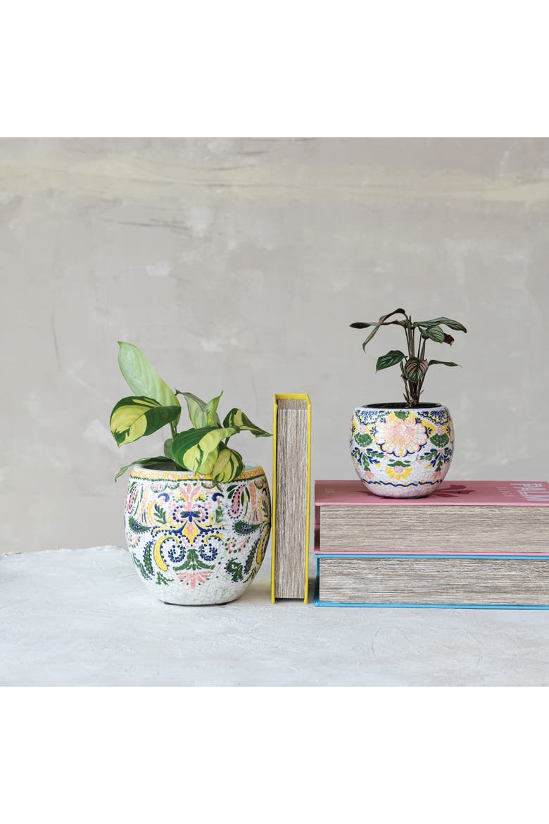 Large Terra-cotta Planter with Floral Pattern, Crackle Glaze, Multicolor, Alternate, color, Grey