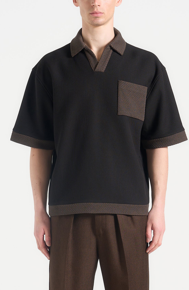Manière De Voir Brice Boxy Polo Shirt with Crochet Detail, Alternate, color, Black
