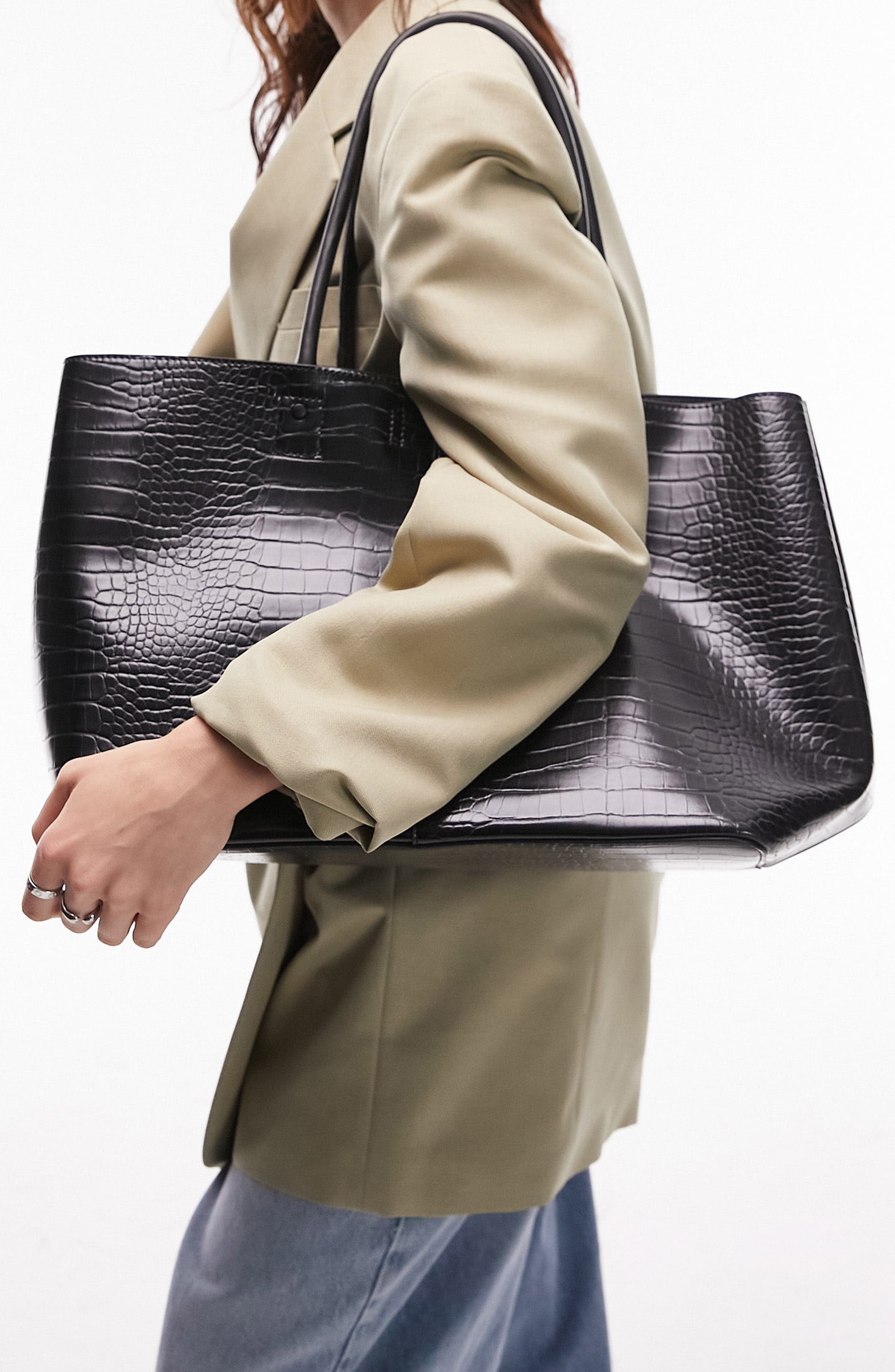 Tala Croc Embossed Faux Leather Tote Bag, Main, color, BLACK