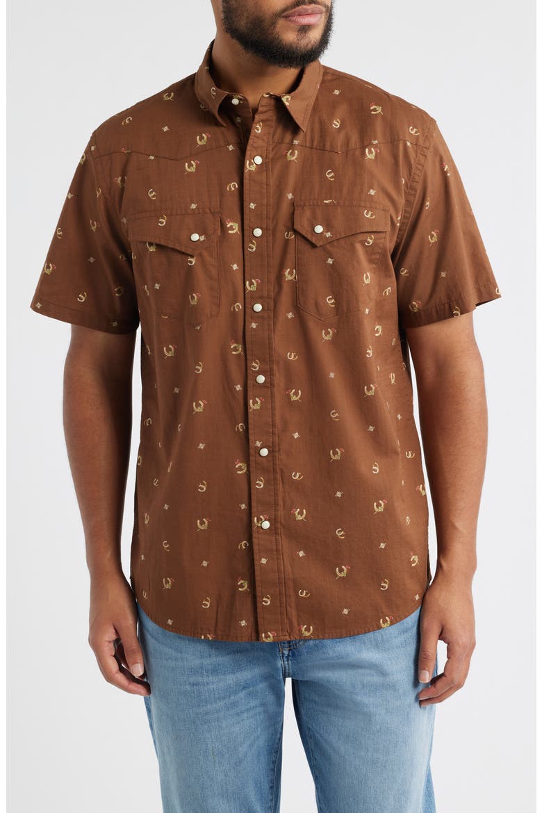 Laramie Horseshoe Print Short Sleeve Snap-Up Western Shirt, Main, color, HORSESHOE BROWN