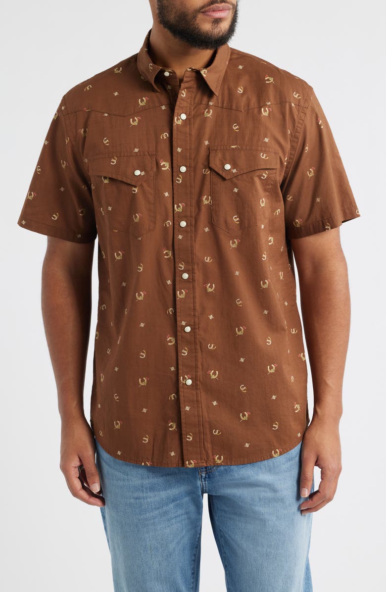 Pendleton Laramie Horseshoe Print Short Sleeve Snap-Up Western Shirt, Main, color, Horseshoe Brown