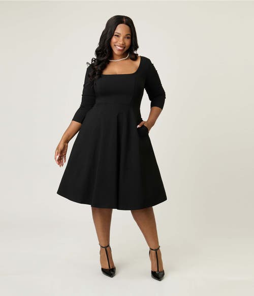 Unique Vintage Plus Size Square Neck Pleated Swing Dress In Black
