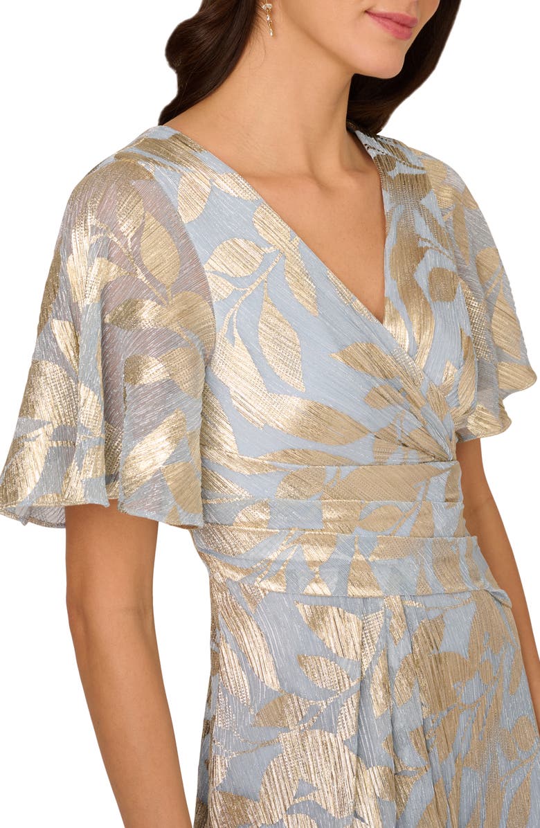 Adrianna Papell Metallic Leaf Jacquard Draped Gown, Alternate, color, Light Blue/ Gold