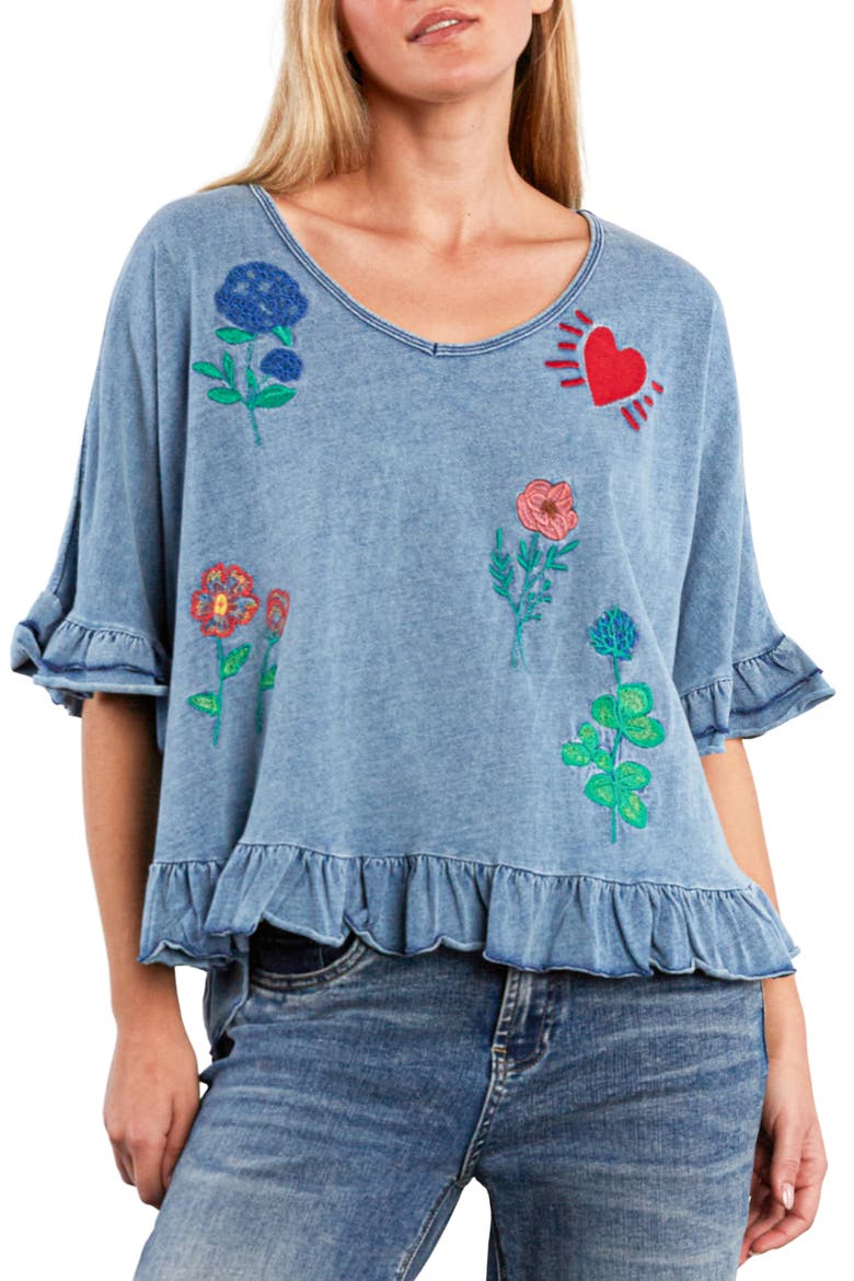 Floral & Heart Ruffle T-Shirt, Main, color, DENIM WASH