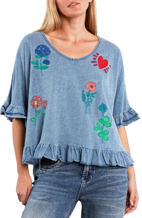 Floral & Heart Ruffle T-Shirt
