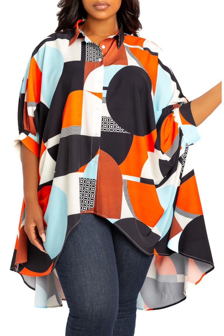 Mixed Geo Print High-Low Button-Up Shirt, Alternate, color, ORANGE MULTI