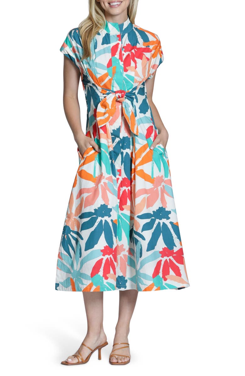 APNY Floral Tie Front Cotton Dress, Main, color, Hot Coral Multi