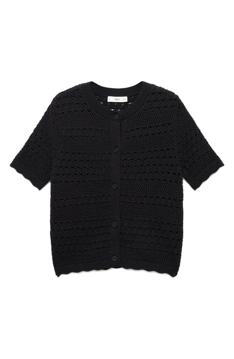 MANGO Open Stitch Short Sleeve Cotton Cardigan, Main, color, Black