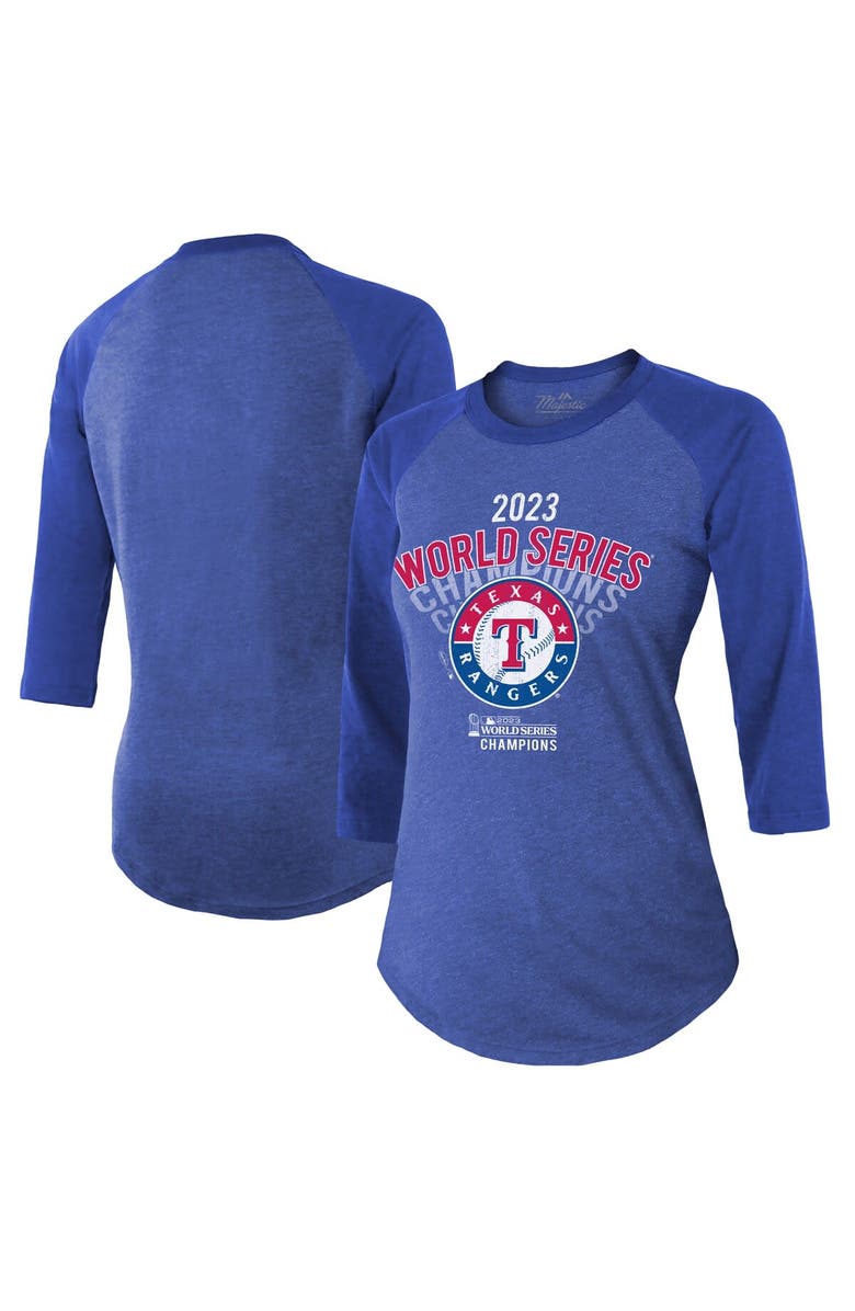 Majestic Threads Women's Majestic Threads Royal Texas Rangers 2023 World Series Champions Out of this World Raglan 3/4-Sleeve Tri-Blend T-Shirt, Alternate, color, 