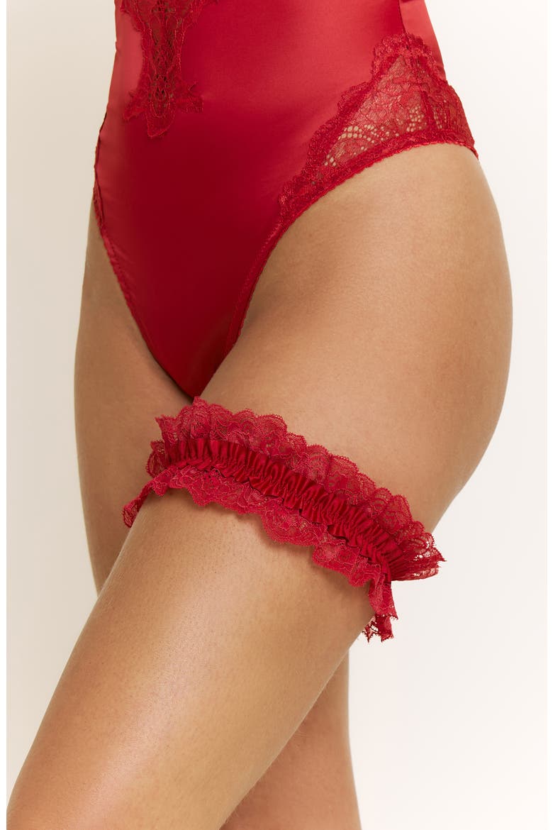 Garden of Eden Lace Trim Satin Bodysuit & Garter Set, Alternate, color, CHERRY