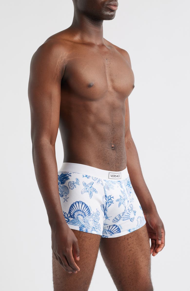 Versace '90s Logo Stretcg Cotton Rib Boxer Briefs, Alternate, color, White Bright Dv Blue