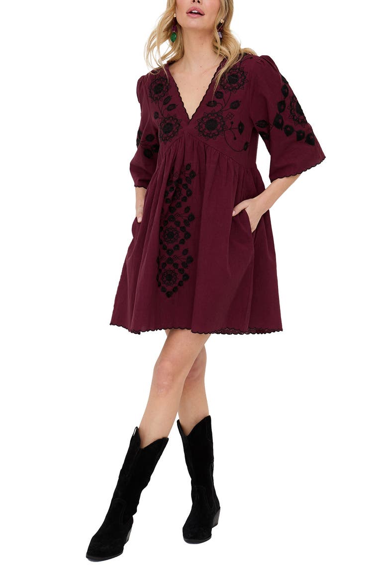 Arabella V- Neck Embroidered Mini Dress, Alternate, color, Burgundy