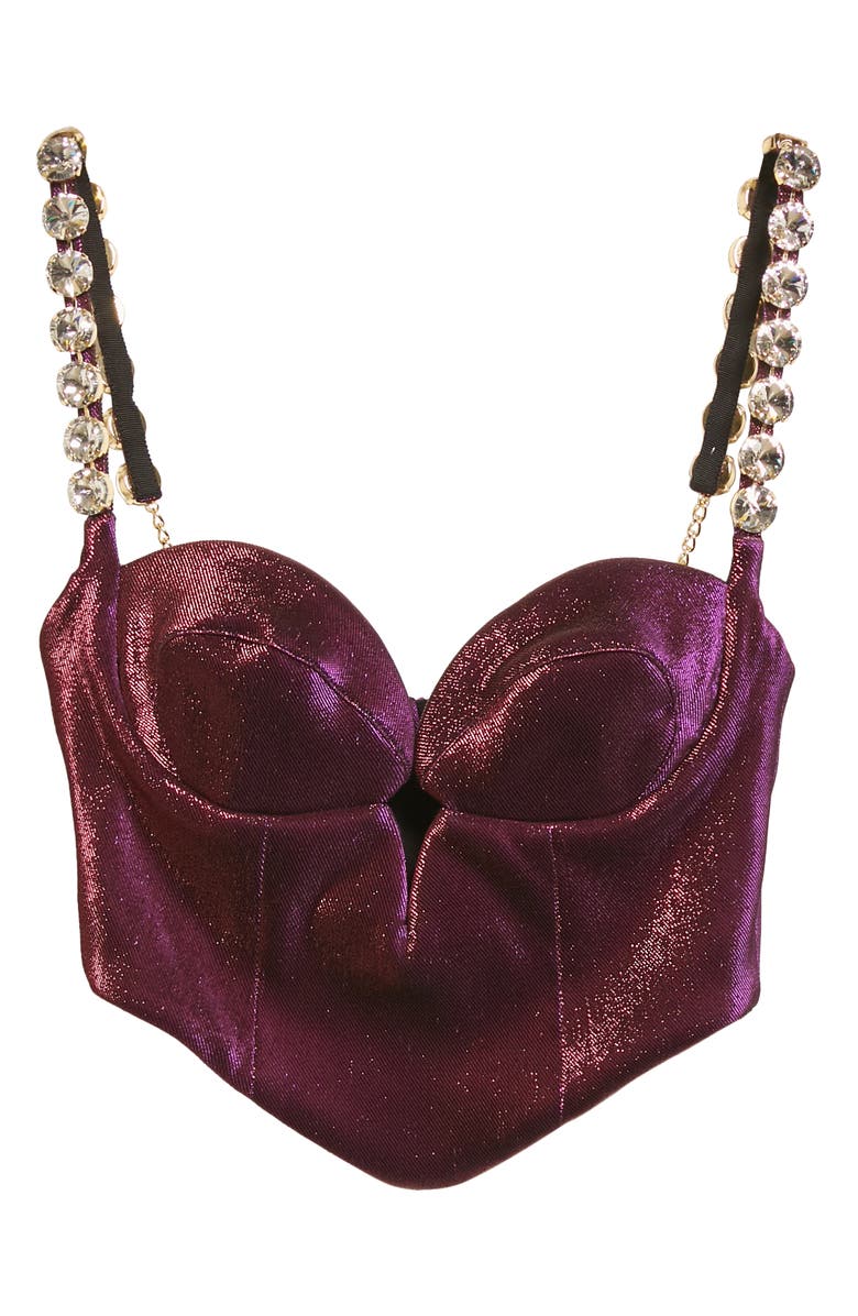 Area Crystal Strap Stretch Lamé Bustier Top, Alternate, color,