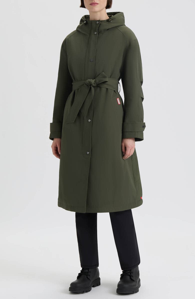 Hunter Violet Hooded Long Trench Coat, Main, color, Hunter Green