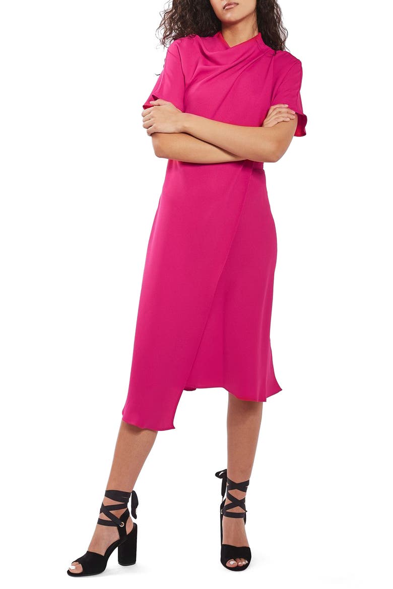 Origami Drape Neck Midi Dress, Main, color, BRIGHT PINK