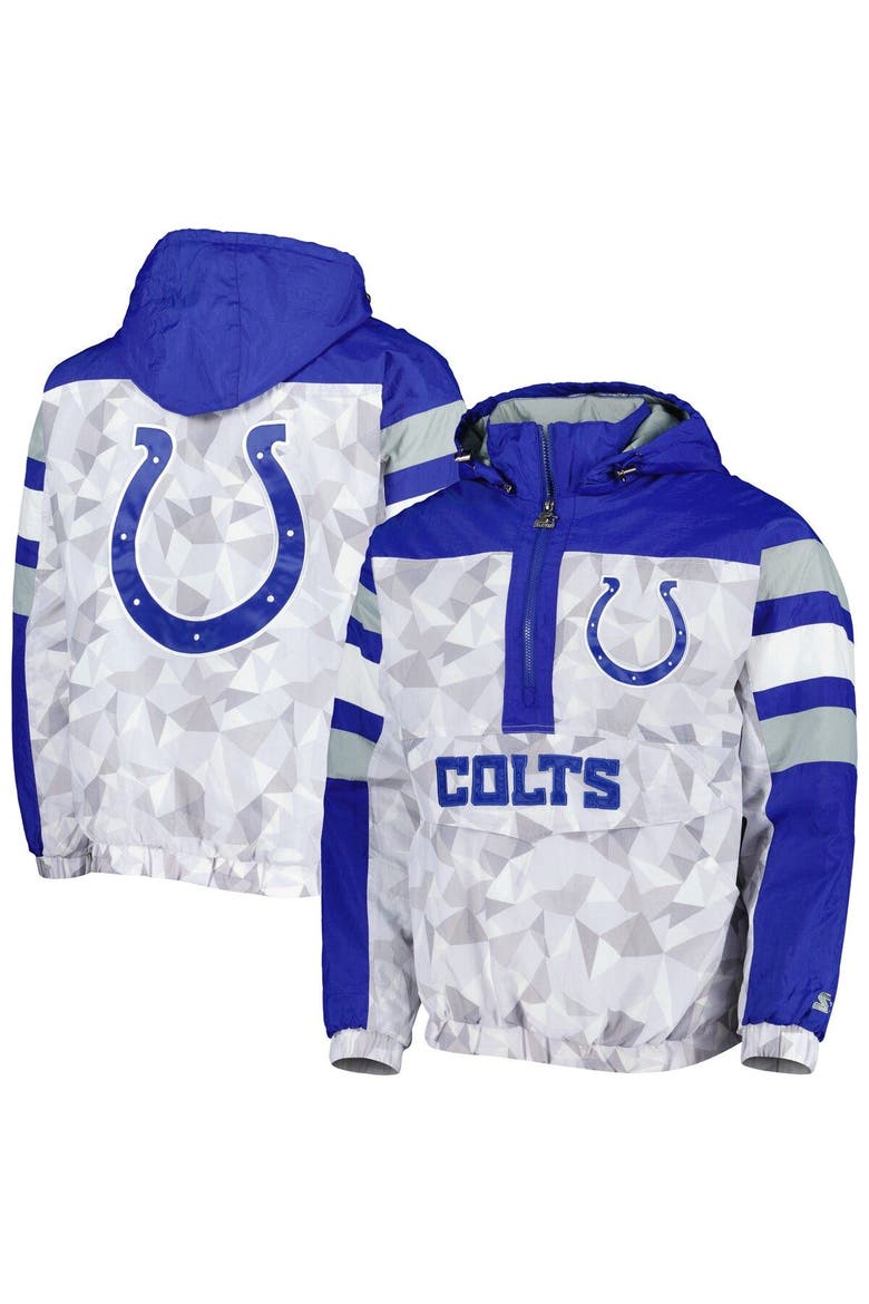 Men's Starter White/Royal Indianapolis Colts Thursday Night Gridiron Raglan Half-Zip Hooded Jacket, Main, color, White