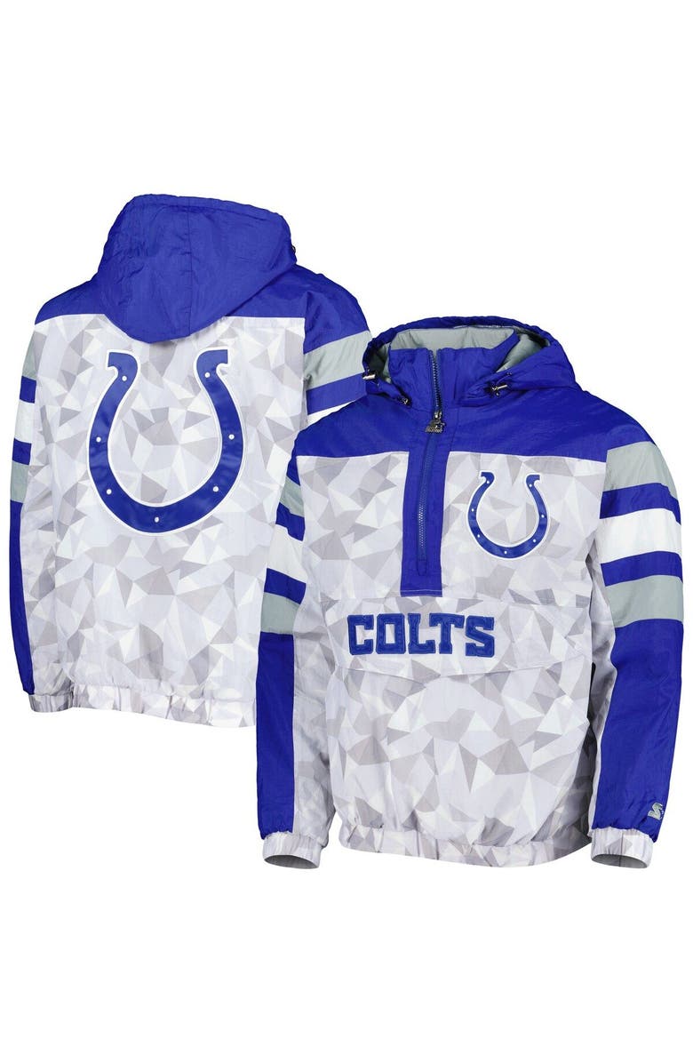 STARTER Men's Starter White/Royal Indianapolis Colts Thursday Night Gridiron Raglan Half-Zip Hooded Jacket, Main, color, White
