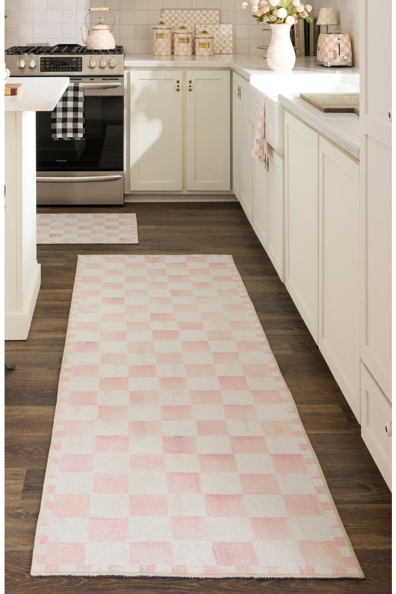Rosy Checkerboard Machine Washable Runner Rug, Alternate, color, ROSY