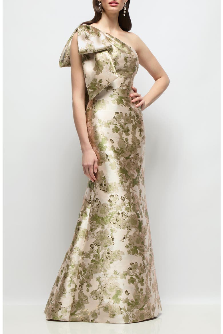Leanor Metallic Bow Shoulder Trumpet Gown, Alternate, color, PERIDOT BLUSH