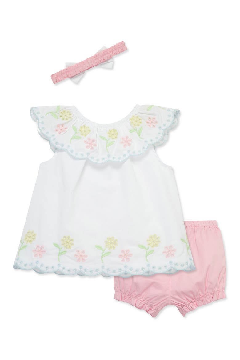 Cotton Eyelet Dress, Bloomers & Headband Set, Alternate, color, WHITE/PINK