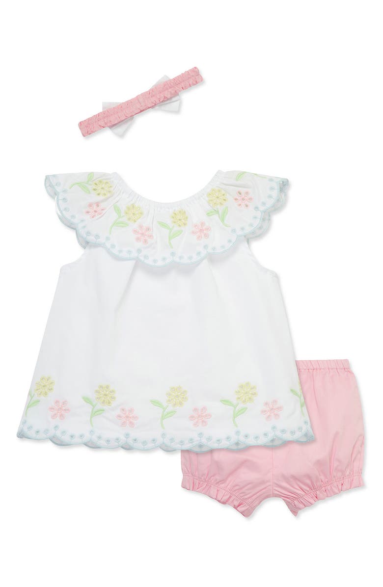 Little Me Cotton Eyelet Dress, Bloomers & Headband Set, Alternate, color, White/ Pink