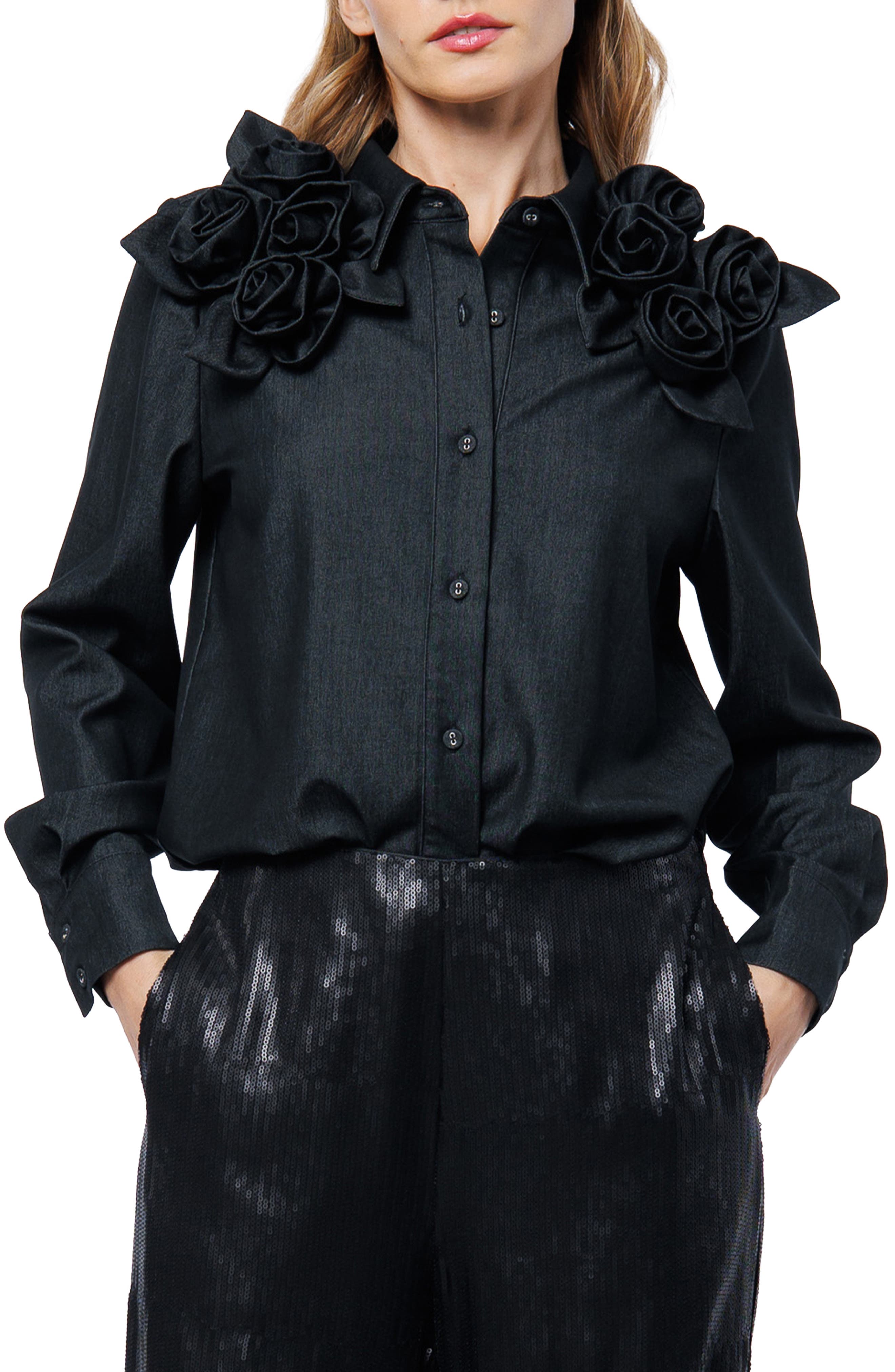 CIEBON Ivan Rosette Detail Denim Button-Up Shirt