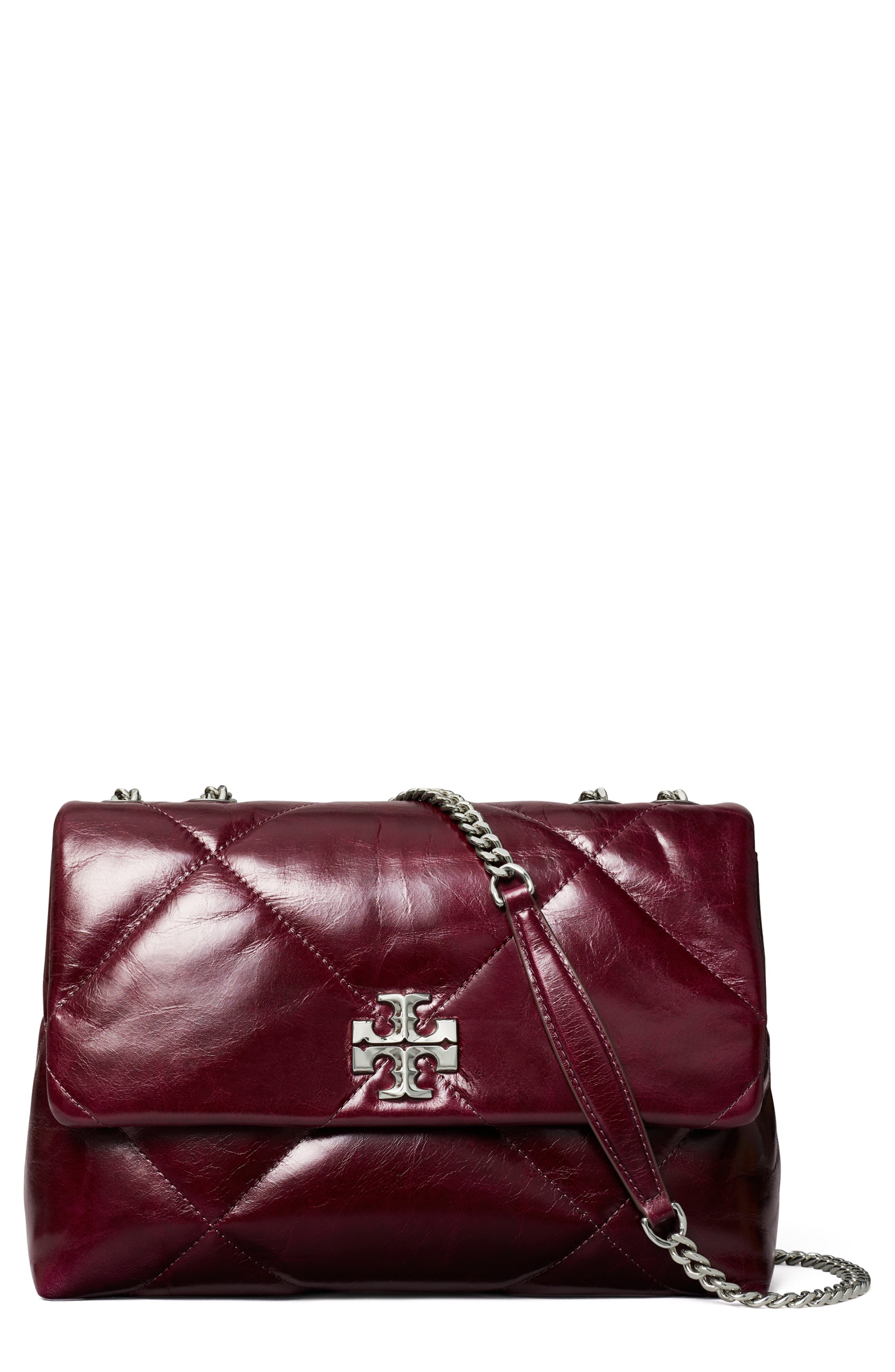 Tory Burch Kira Diamond Quilted Distressed Leather Convertible Crossbody Bag, Main, color, Dark Carmine