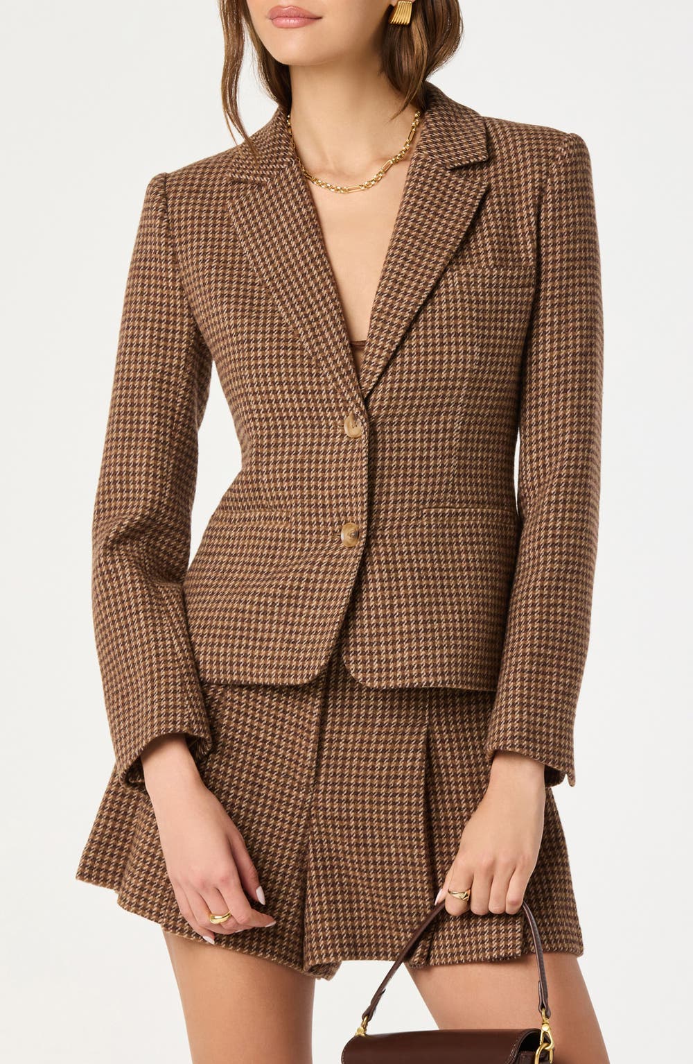 Houndstooth Fitted Blazer, color, BROWN PLAID