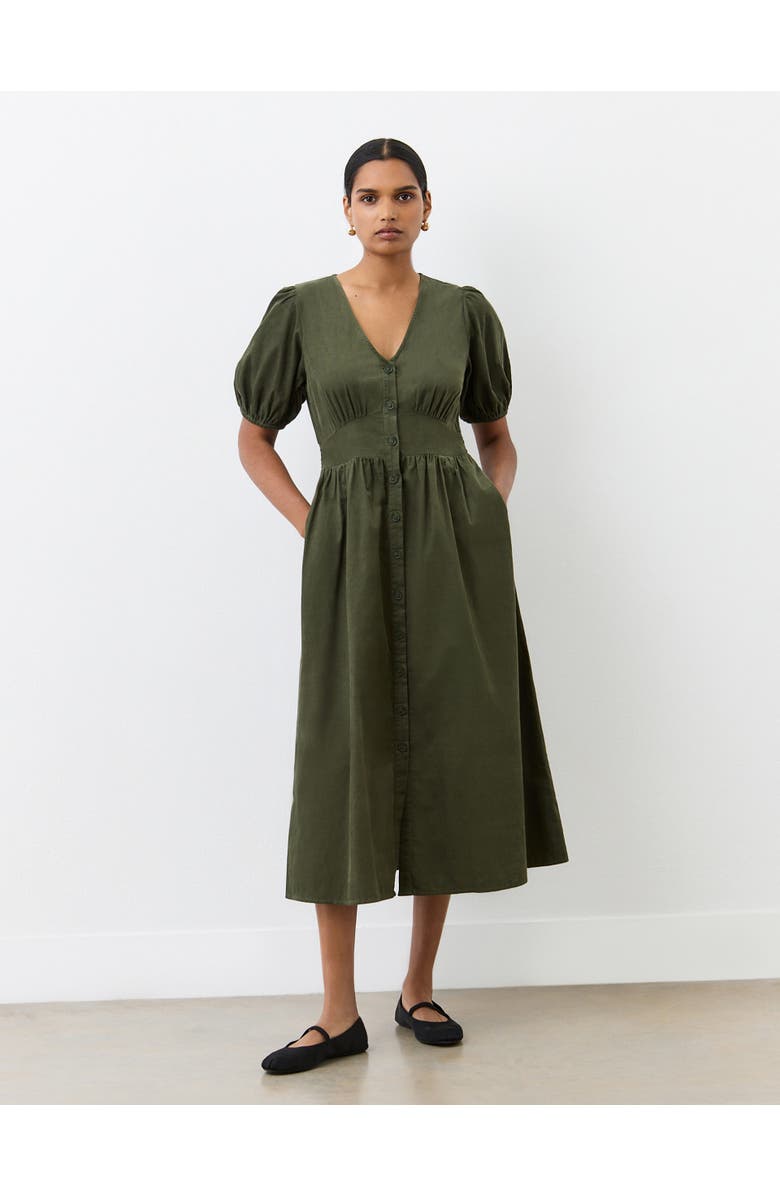 Finery London Arlow Short Sleeve Corduroy Midi Dress, Main, color, Khaki