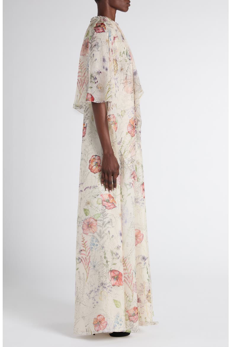 Floral Print Silk Cape Dress, Alternate, color, WHITE
