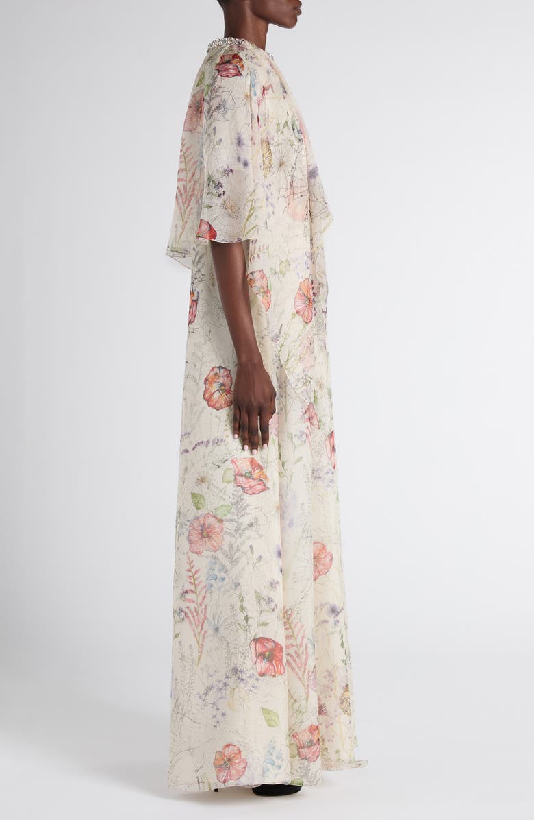 McQueen Floral Print Silk Cape Dress, Alternate, color, White
