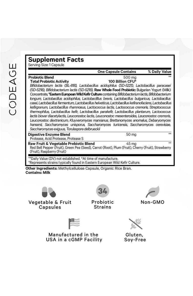Codeage Raw Probiotic+ 100 Billion CFU Supplement, Alternate, color, White