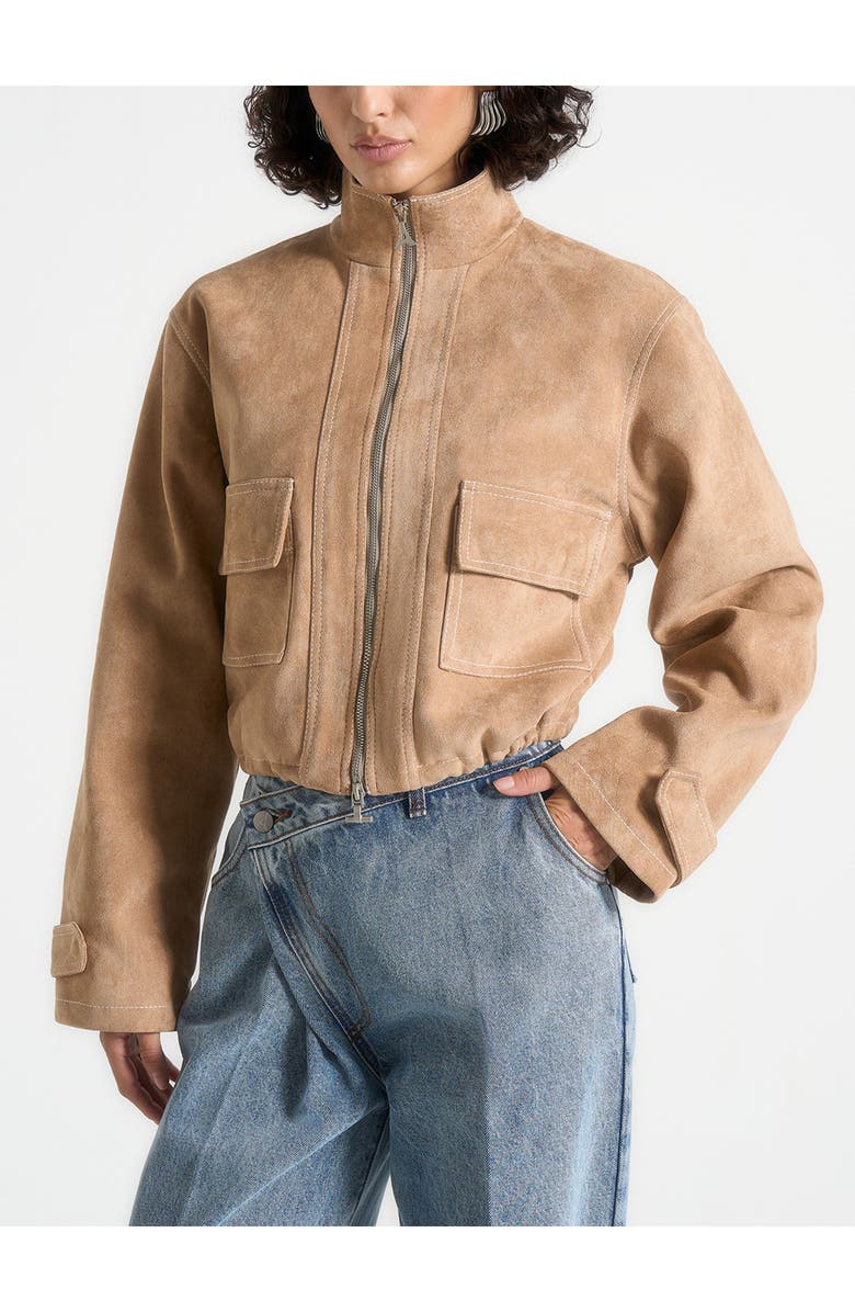 Manière De Voir Nawel Suede Contrast Stitch Jacket With Cinched Hem, Main, color, Beige