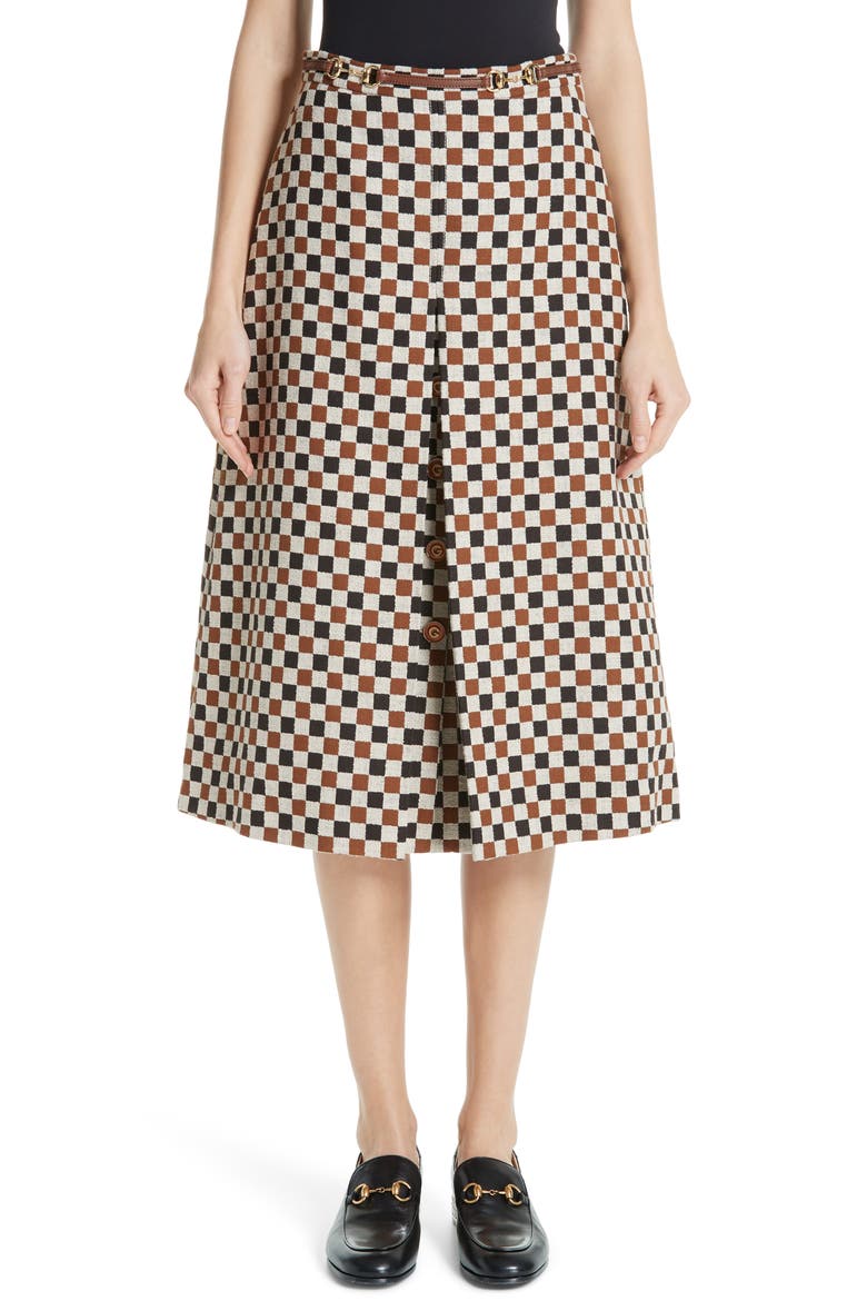Leather Trim Pleated Skirt, Main, color, BROWN